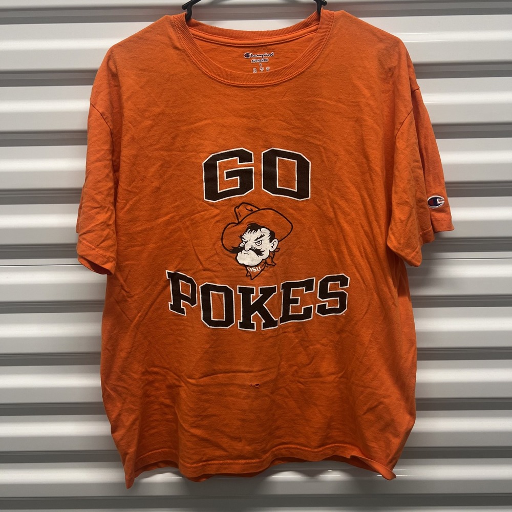 Champion Mens Oklahoma State Go Pokes T-Shirt Large Orange Cotton OSU Cowboys